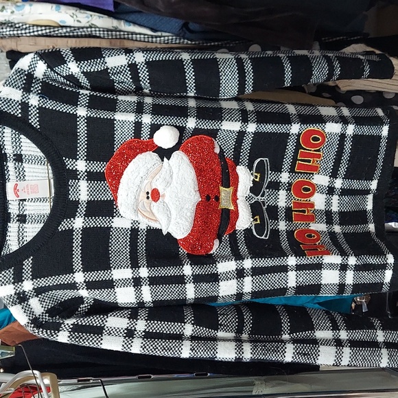 Holiday Time Sweaters - 🟢 Holiday Time black and white checkered Santa sweater size M 8 10 invw236